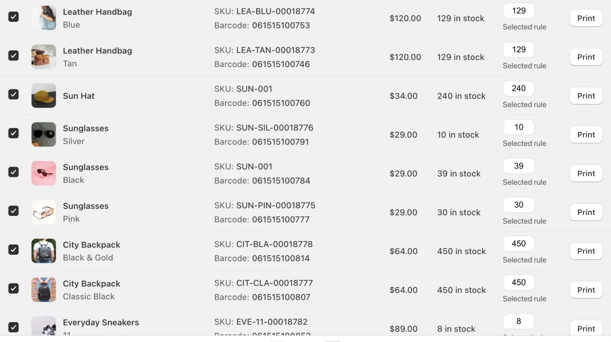 SGT print screen: variants with SKU, barcode, price, stock and label count