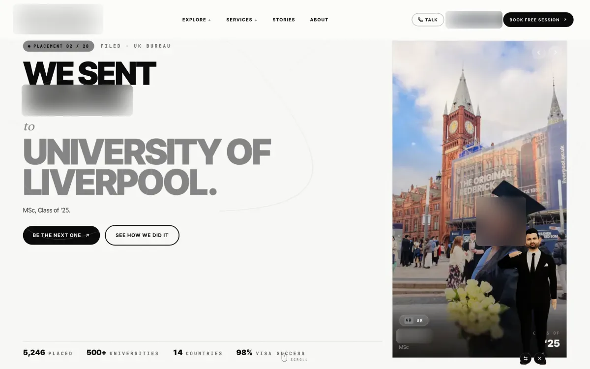Study-abroad consultancy website, home page